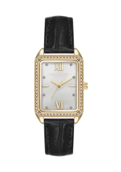 Quartz Rectangular Black Crocograin PU Leather Crystal Accented Watch