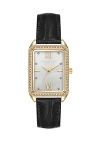 Quartz Rectangular Black Crocograin PU Leather Crystal Accented Watch