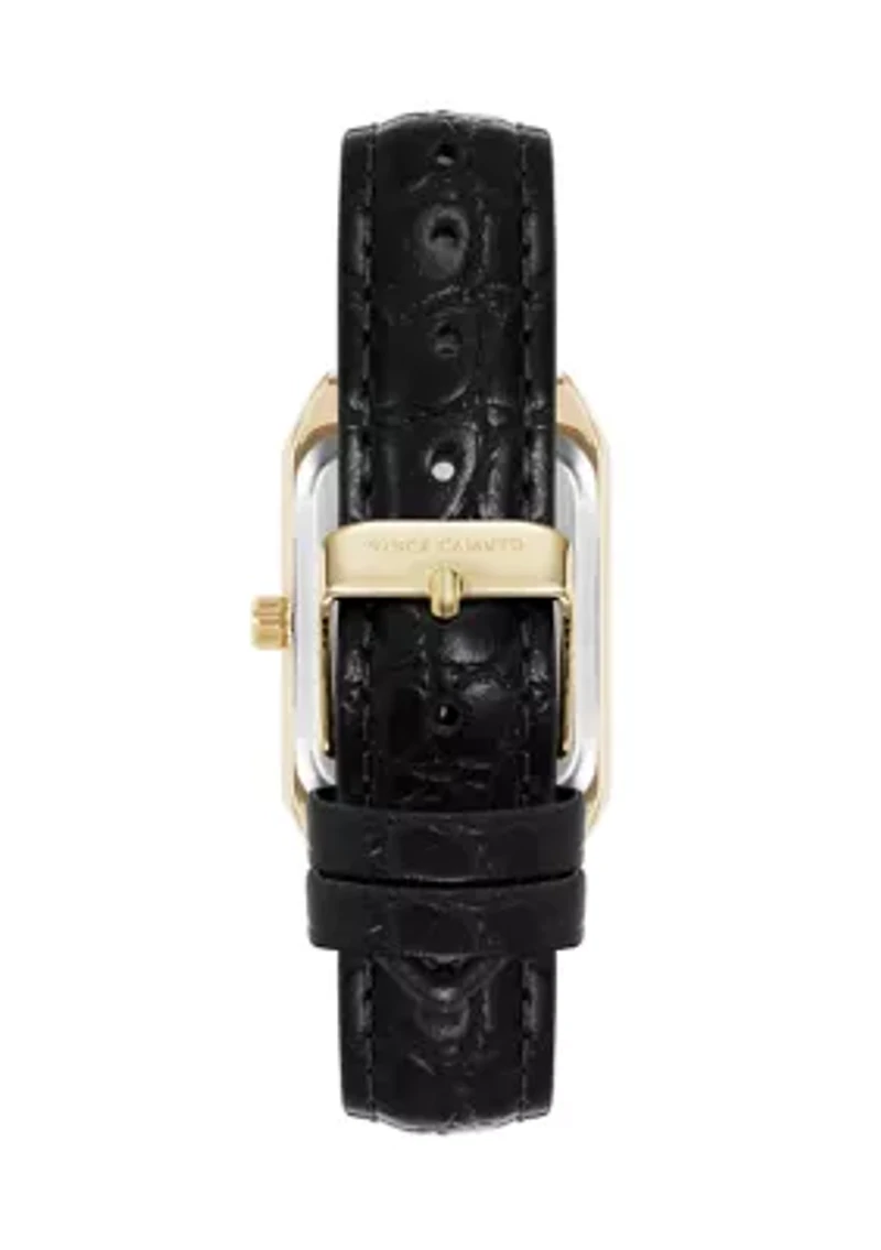 Quartz Rectangular Black Crocograin PU Leather Crystal Accented Watch