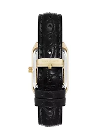Quartz Rectangular Black Crocograin PU Leather Crystal Accented Watch