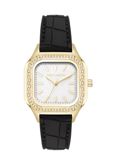 Quartz White Crystal Pavé Black Leather Band Watch