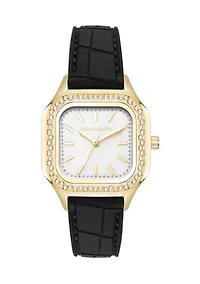 Quartz White Crystal Pavé Black Leather Band Watch