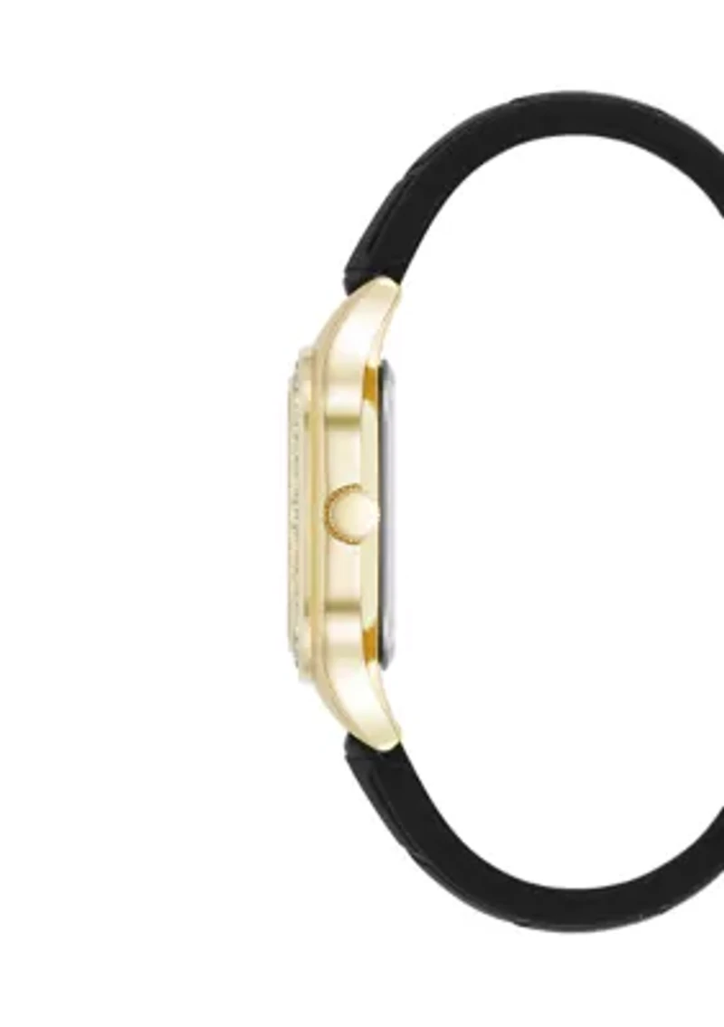 Quartz White Crystal Pavé Black Leather Band Watch