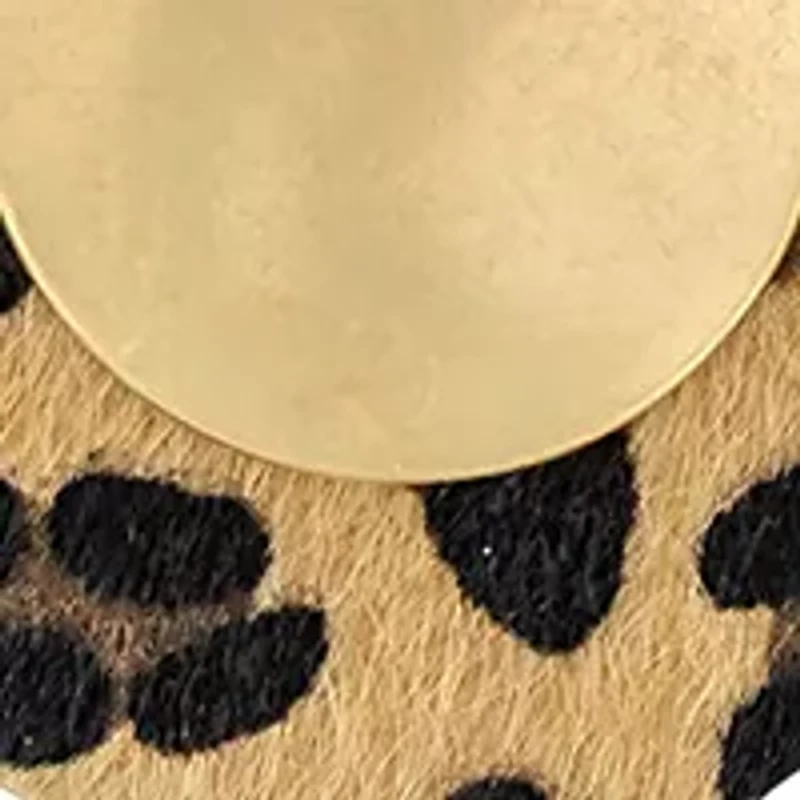 Gold Tone Long Layered Leopard Print and Metal Disc Pendant Necklace