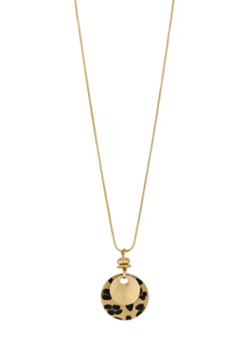 Gold Tone Long Layered Leopard Print and Metal Disc Pendant Necklace