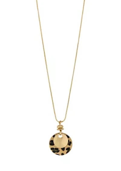 Gold Tone Long Layered Leopard Print and Metal Disc Pendant Necklace