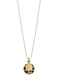 Gold Tone Long Layered Leopard Print and Metal Disc Pendant Necklace