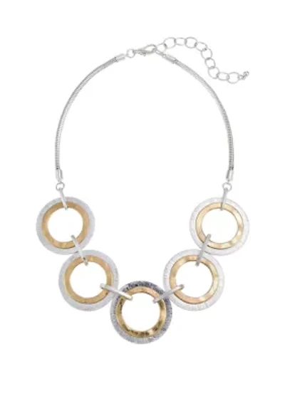 Two Tone, 16'' + 3 ''  Extender Textured 5 Open Circle Frontal Necklace with Chainback