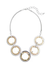 Two Tone, 16'' + 3 ''  Extender Textured 5 Open Circle Frontal Necklace with Chainback