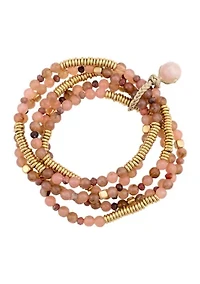 Gold Tone Five Row Pink Multi Beaded Stretch Bracelet