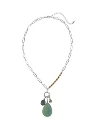 Two Tone 19.5'' + 3'' Extender Short Green Multi Teardrop Pendant Necklace
