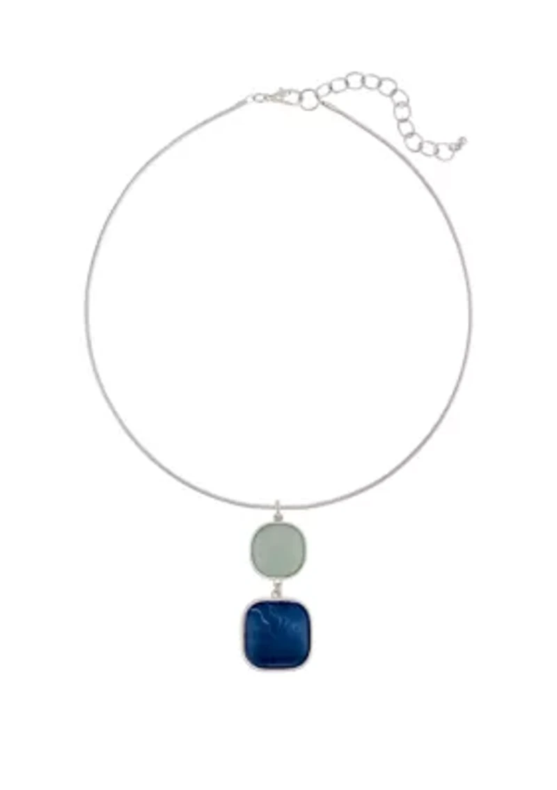 Silver Tone 19'' + 3'' Extender Neckwire with Multi Blue Double Square Pendant Necklace