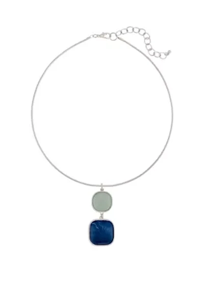 Silver Tone 19'' + 3'' Extender Neckwire with Multi Blue Double Square Pendant Necklace