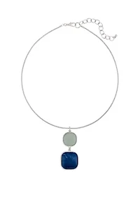 Silver Tone 19'' + 3'' Extender Neckwire with Multi Blue Double Square Pendant Necklace