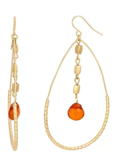 Gold Tone Rust Open Teardrop with Linear Bead Drop Earrings