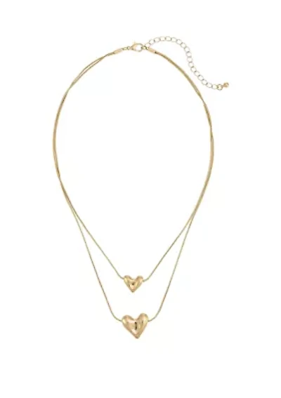 Gold Tone Layered 2 Row Double Heart Pendant Necklace
