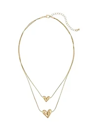 Gold Tone Layered 2 Row Double Heart Pendant Necklace