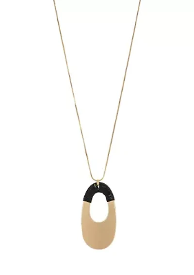 Gold Tone Long Open Black Thread Wrapped Oval Pendant Necklace on Snake Chain