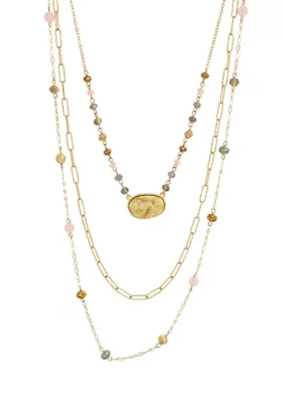 Gold Tone Pink and Blue Multi Bead Station Layered 3 Row Short Necklace with Oval Druzy Drop
