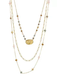 Gold Tone Pink and Blue Multi Bead Station Layered 3 Row Short Necklace with Oval Druzy Drop