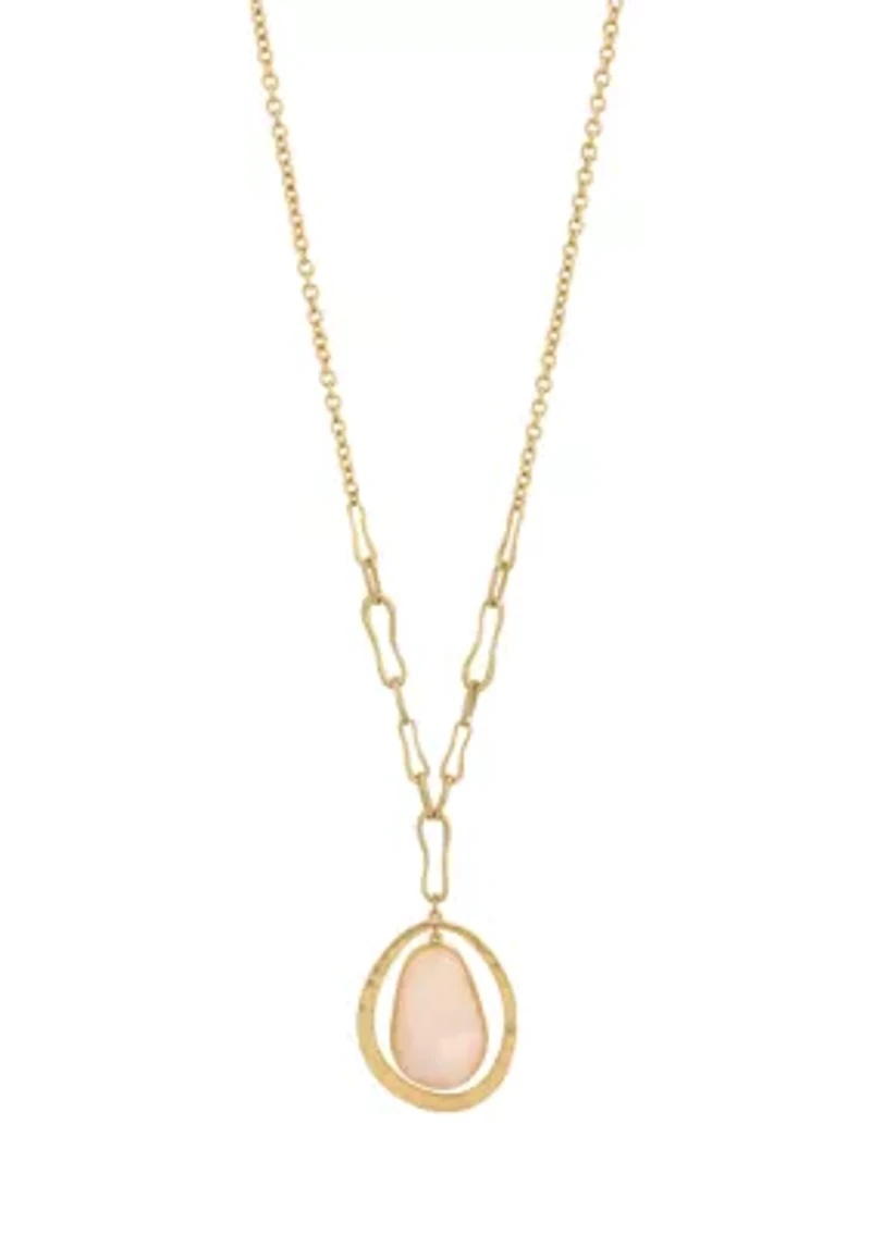 Gold Tone Long Chain Necklace with Faceted Pink Oval Stone Orbital Pendant