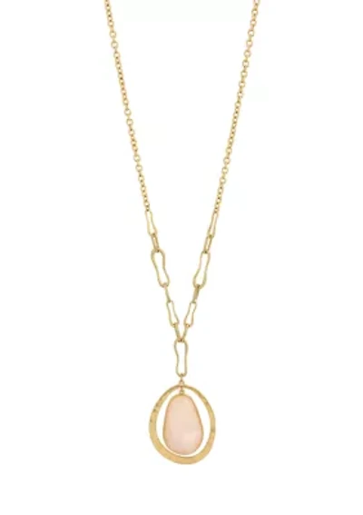 Gold Tone Long Chain Necklace with Faceted Pink Oval Stone Orbital Pendant