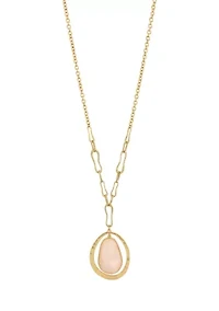 Gold Tone Long Chain Necklace with Faceted Pink Oval Stone Orbital Pendant