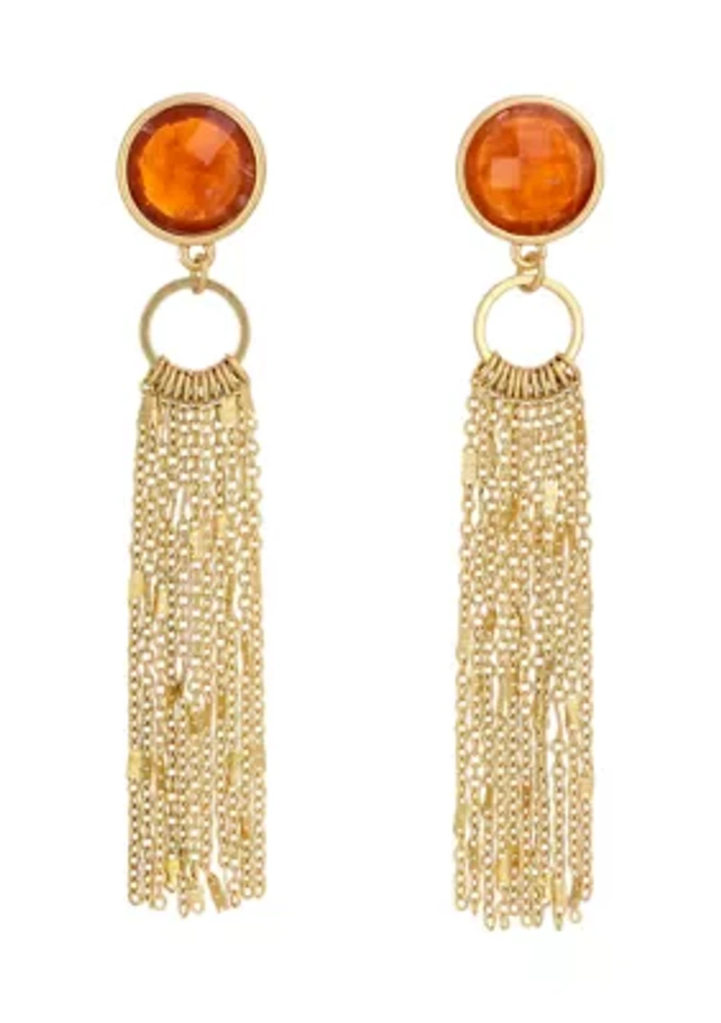 Gold Tone Rust Stone Post Top Earrings with Chain Tassel