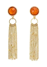 Gold Tone Rust Stone Post Top Earrings with Chain Tassel