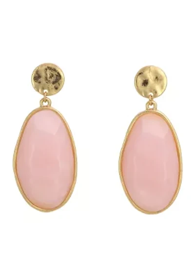 Gold Tone Post Top Earrings with Framed Pink Oval Faceted Stone Drop