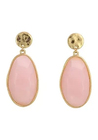 Gold Tone Post Top Earrings with Framed Pink Oval Faceted Stone Drop