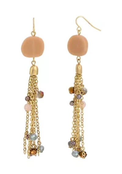 Gold Tone Pink Multi Organic Bead with Bead Accented Chain Tassel Drop Earrings