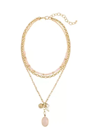 Gold Tone 3 Row Layered Pink Bead Chain Stone Charm Drop Necklace