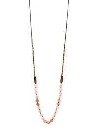 Gold Tone Long Pink and Multi Beaded Tan Cord Necklace