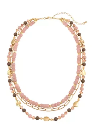 Gold Tone Short Layered 3 Row Pink Multi Bead with Chain Necklace