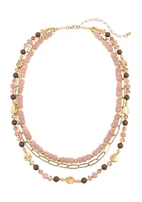 Gold Tone Short Layered 3 Row Pink Multi Bead with Chain Necklace