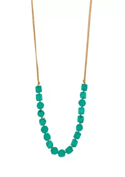 Gold Tone Chunky Green Glass Beaded Cord Necklace
