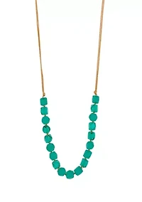 Gold Tone Chunky Green Glass Beaded Cord Necklace