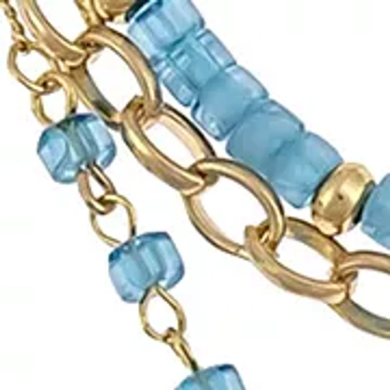 Gold Tone 3 Row Layered Blue Bead Chain Stone Charm Necklace