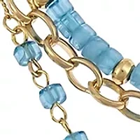 Gold Tone 3 Row Layered Blue Bead Chain Stone Charm Necklace