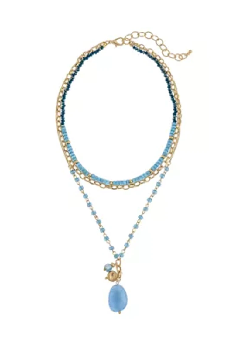 Gold Tone 3 Row Layered Blue Bead Chain Stone Charm Necklace