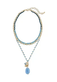 Gold Tone 3 Row Layered Blue Bead Chain Stone Charm Necklace