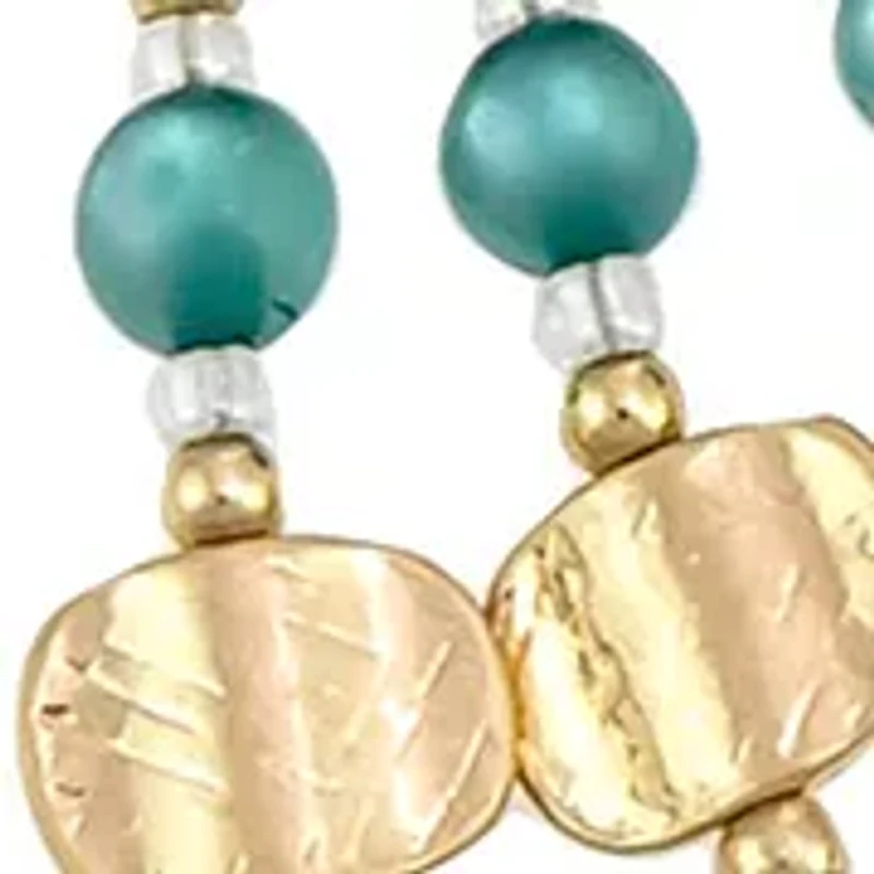 Gold Tone 3 Row Layered Blue Bead Gold Tone Metal Disc Frontal Necklace
