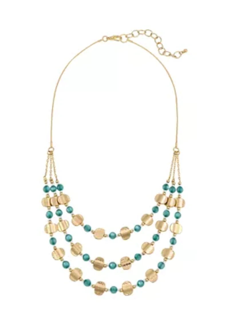 Gold Tone 3 Row Layered Blue Bead Gold Tone Metal Disc Frontal Necklace
