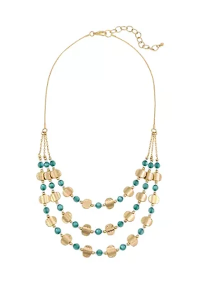 Gold Tone 3 Row Layered Blue Bead Gold Tone Metal Disc Frontal Necklace