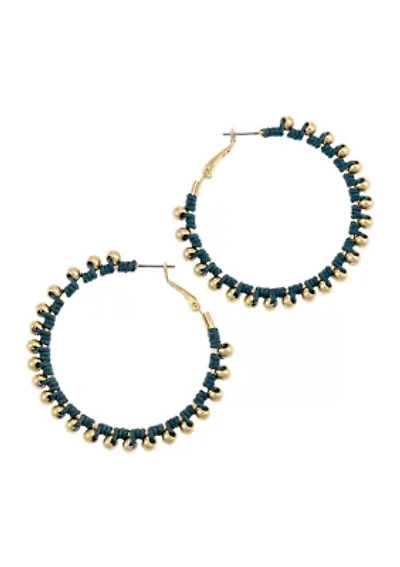 Gold Tone Blue Thread Wrapped Hoop Earrings with Bead Accents