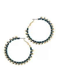 Gold Tone Blue Thread Wrapped Hoop Earrings with Bead Accents
