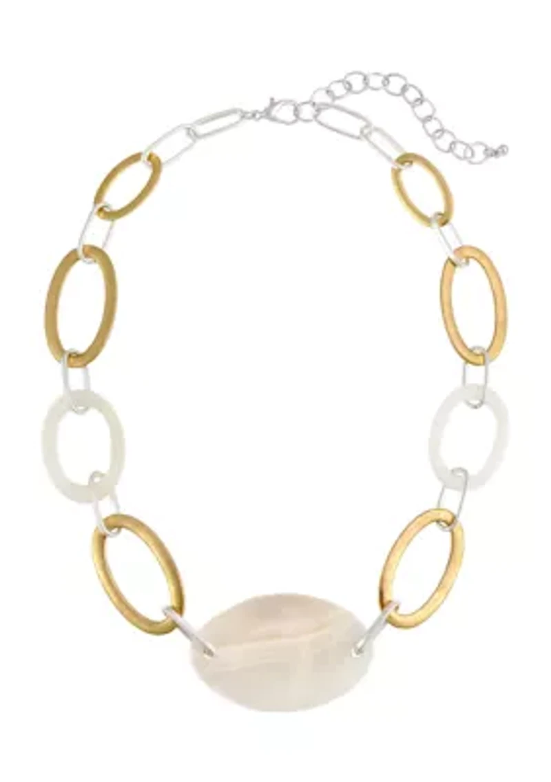 Two Tone Short Open Oval Link with White Mop Oval Shell Center Necklace 