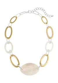 Two Tone Short Open Oval Link with White Mop Oval Shell Center Necklace 