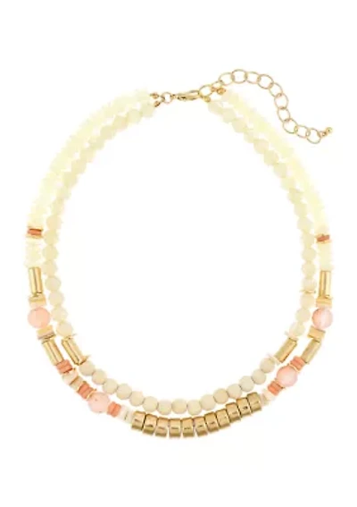 Gold Tone Double Row Multi Neutral Beaded Short Necklace